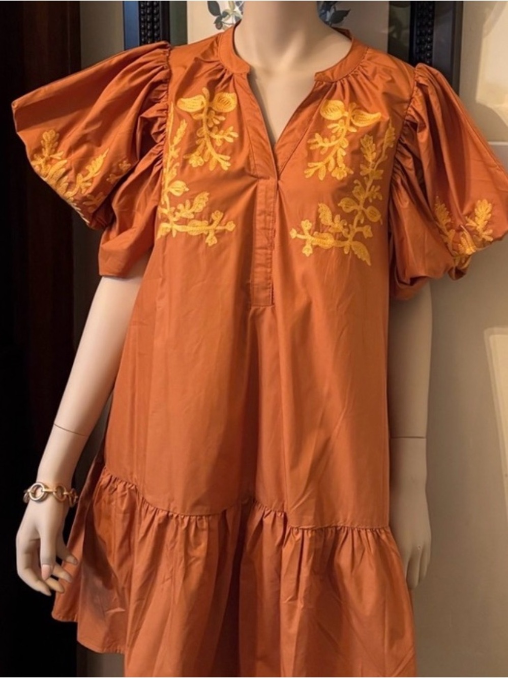 entro Rust Orange Mini Dress with Yellow Embroidery